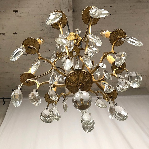 Lampadario a gabbia in ottone dorato e pendagli in vetro