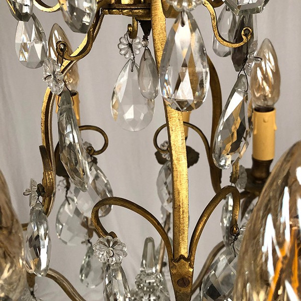 Lampadario a gabbia in ottone dorato e pendagli in vetro