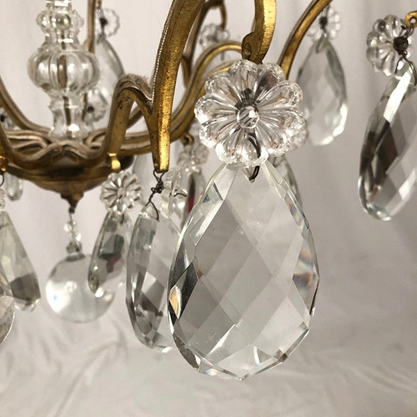 Lampadario a gabbia in ottone dorato e pendagli in vetro