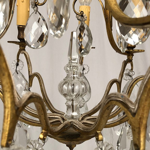 Lampadario a gabbia in ottone dorato e pendagli in vetro