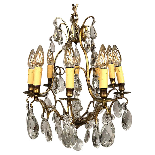 Lampadario a gabbia in ottone dorato e pendagli in vetro