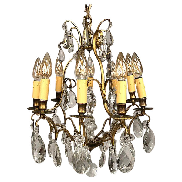 Cage chandelier in gilded brass and glass pendants