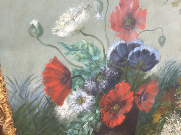Large painting with poppies and anemones by F. DURAND
