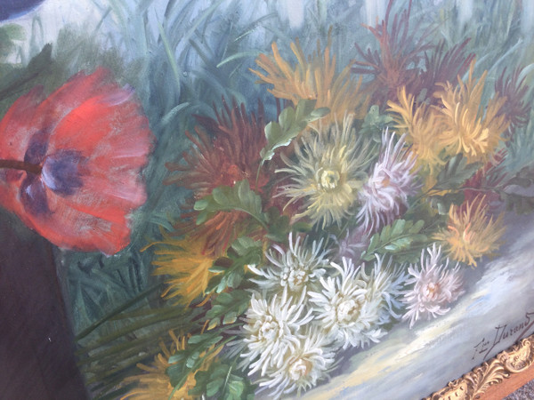 Large painting with poppies and anemones by F. DURAND