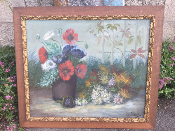 Large painting with poppies and anemones by F. DURAND