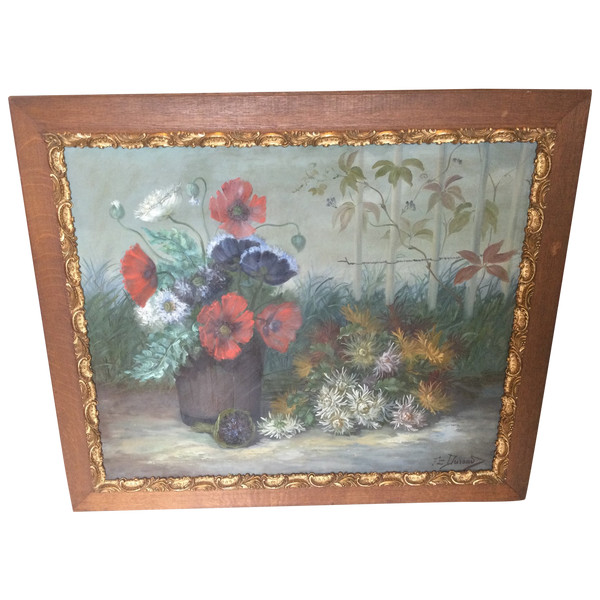 Large painting with poppies and anemones by F. DURAND