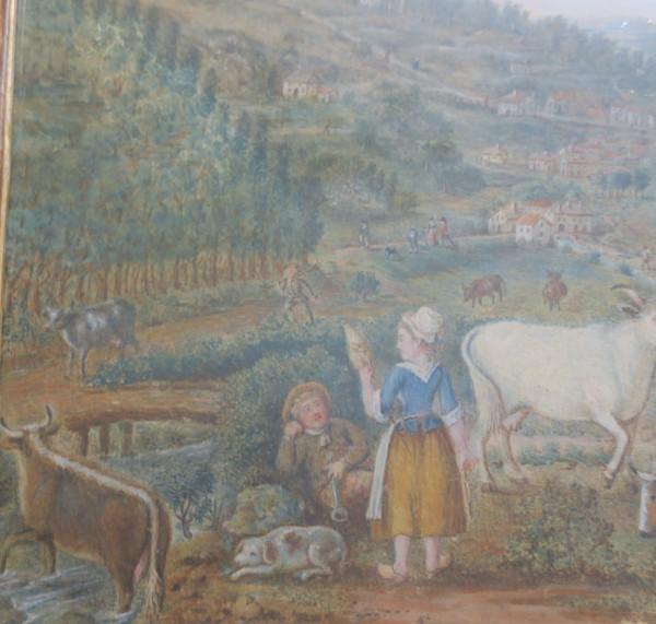 Paesaggio animato pastello del XVIII secolo