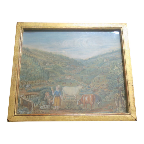 Paesaggio animato pastello del XVIII secolo