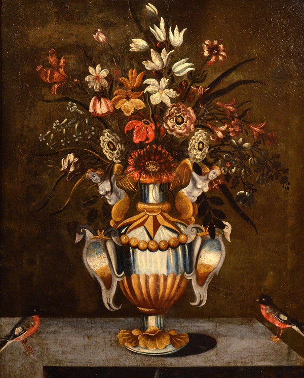 Blumen in einer klassischen Vase, Meister der Groteskenvase (Rom, 17. Jahrhundert)