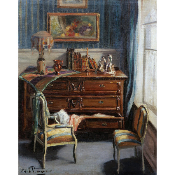 Édith VAUCAMPS, Interior with open chest of drawers