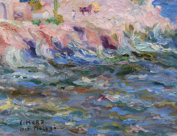 Attributed to Emile W. HERZ, Lively coastal landscape in Malaga