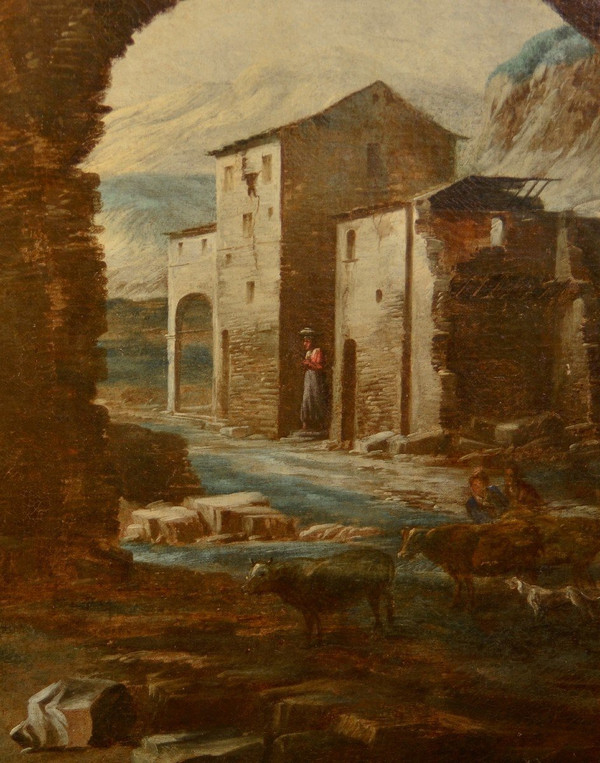 Paesaggio con rovine e scena biblica, Antonio Travi, detto il Sestri (Sestri Ponente 1608 - Genova 1665) cerchia