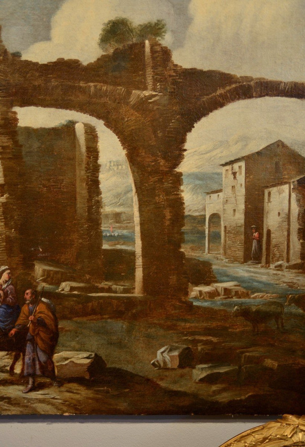 Paesaggio con rovine e scena biblica, Antonio Travi, detto il Sestri (Sestri Ponente 1608 - Genova 1665) cerchia
