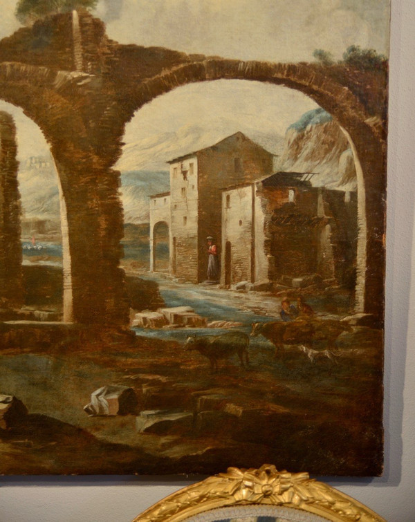 Paesaggio con rovine e scena biblica, Antonio Travi, detto il Sestri (Sestri Ponente 1608 - Genova 1665) cerchia