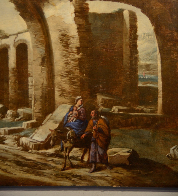 Paesaggio con rovine e scena biblica, Antonio Travi, detto il Sestri (Sestri Ponente 1608 - Genova 1665) cerchia