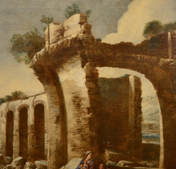 Paesaggio con rovine e scena biblica, Antonio Travi, detto il Sestri (Sestri Ponente 1608 - Genova 1665) cerchia