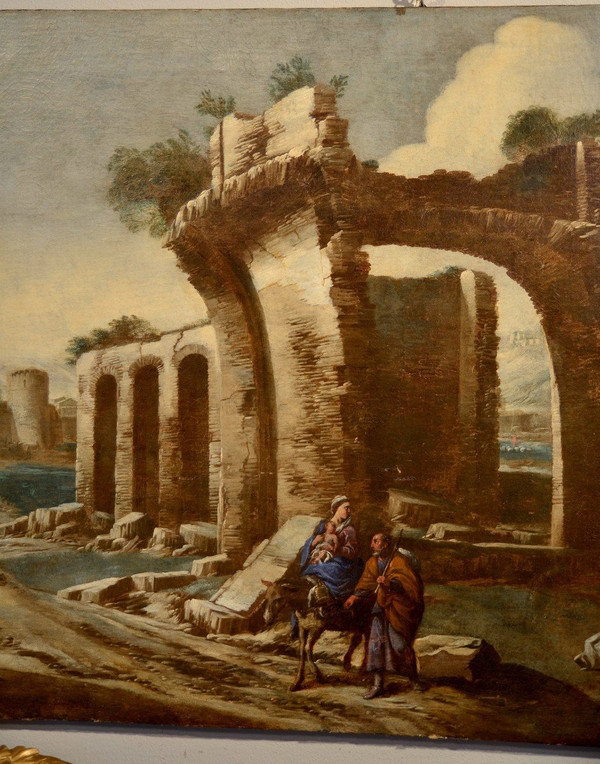 Paesaggio con rovine e scena biblica, Antonio Travi, detto il Sestri (Sestri Ponente 1608 - Genova 1665) cerchia