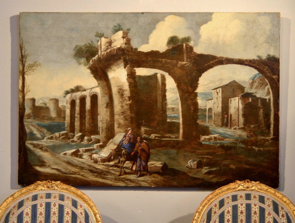 Paesaggio con rovine e scena biblica, Antonio Travi, detto il Sestri (Sestri Ponente 1608 - Genova 1665) cerchia