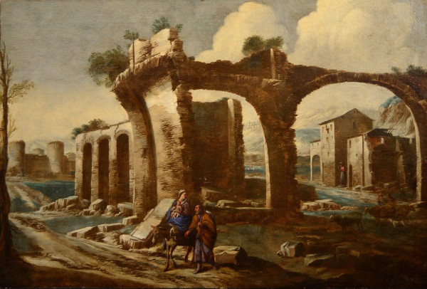 Paesaggio con rovine e scena biblica, Antonio Travi, detto il Sestri (Sestri Ponente 1608 - Genova 1665) cerchia
