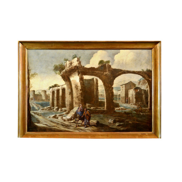 Paesaggio con rovine e scena biblica, Antonio Travi, detto il Sestri (Sestri Ponente 1608 - Genova 1665) cerchia