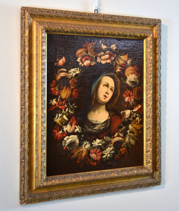 Giovanni Stanchi (Rom 1608 - 1675) Atelier, Blumengirlande mit der Jungfrau Maria