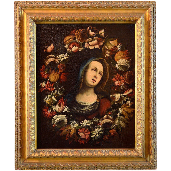 Giovanni Stanchi (Rom 1608 - 1675) Atelier, Blumengirlande mit der Jungfrau Maria