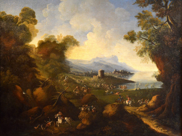 Pandolfo Reschi (1643 - 1699), Coastal Landscape With Fortified City, Castle And Battle