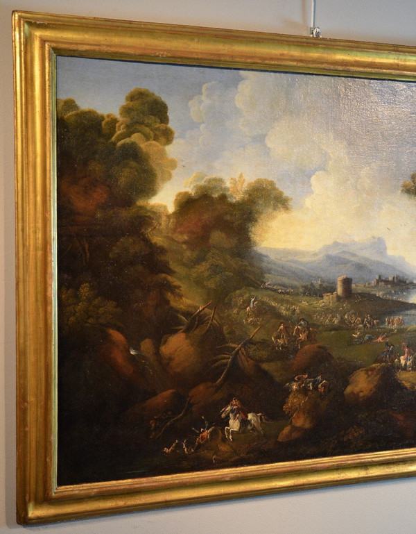 Pandolfo Reschi (1643 - 1699), Coastal Landscape With Fortified City, Castle And Battle