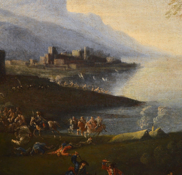 Pandolfo Reschi (1643 - 1699), Coastal Landscape With Fortified City, Castle And Battle