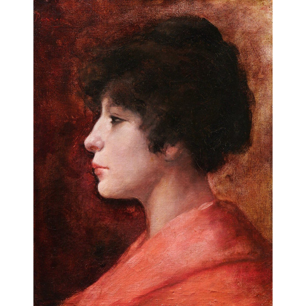 PARRAN, Portrait of a brunette woman in a red dress in profile