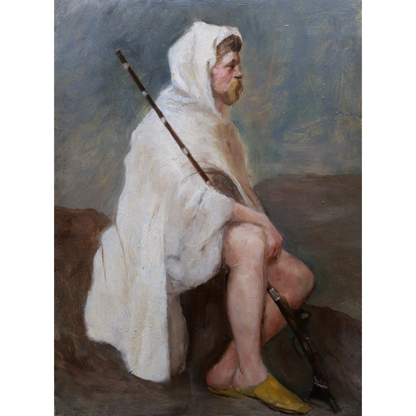 Scuola FRANCESE del XIX secolo, Giovane in costume orientale con in mano un fucile