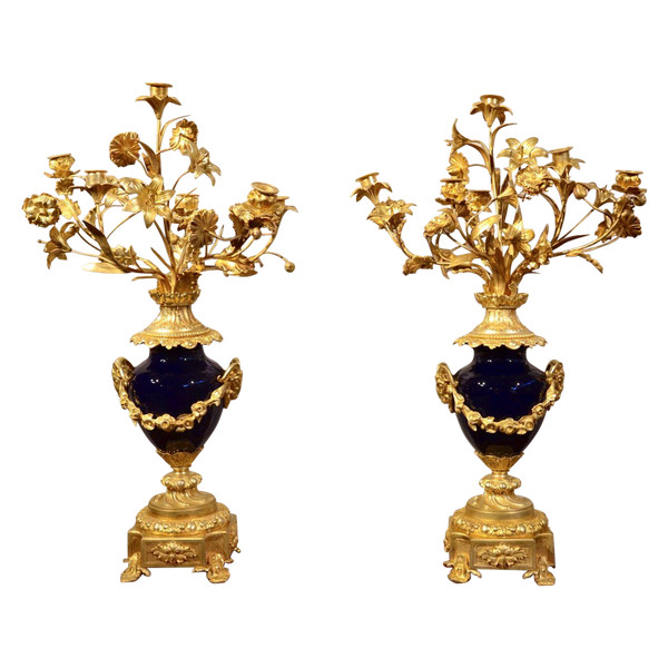 Pair Of Louis XVI Candelabra In Gilt Bronze And Blue Sèvres Porcelain, France 19th Century