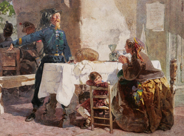 Paolo RICCARDI, Bersagliere, beggar and child in an inn