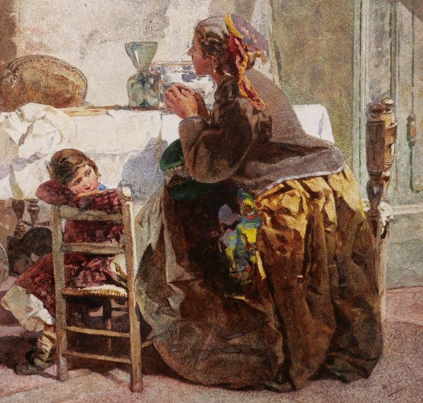 Paolo RICCARDI, Bersagliere, beggar and child in an inn