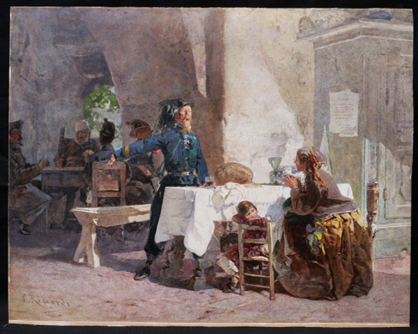 Paolo RICCARDI, Bersagliere, beggar and child in an inn