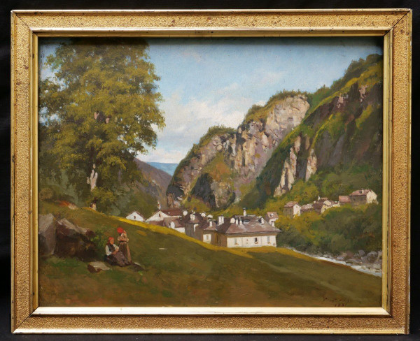 Sébastien Charles GIRAUD, Paysage d'Italie animé à Melle dans le Piémont
