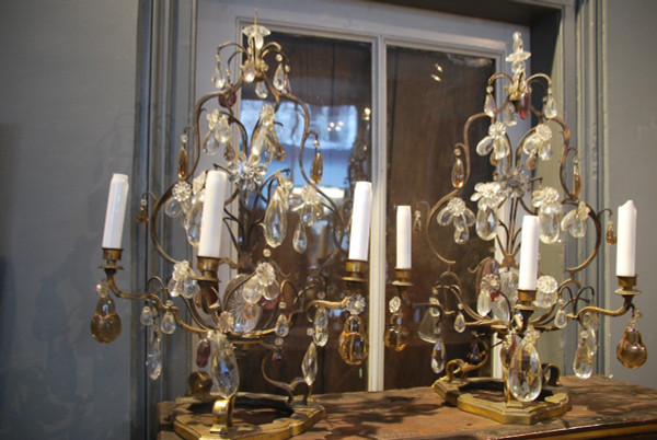 Pair Of Girandoles In Bronze And Baguès Crystal
