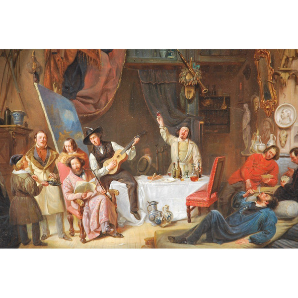 Le Mécene Et Ses Artistes, olio di Marchant Dubois d'Hault