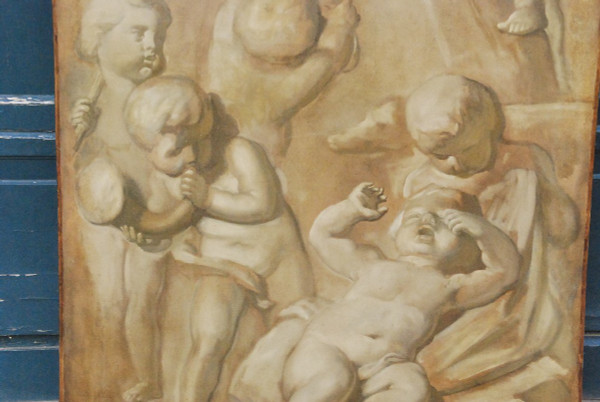 Großes Öl Auf Leinwand Putti In Grisaille