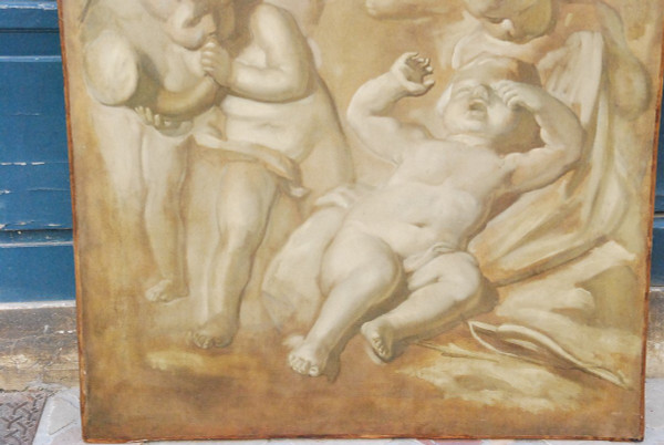 Großes Öl Auf Leinwand Putti In Grisaille