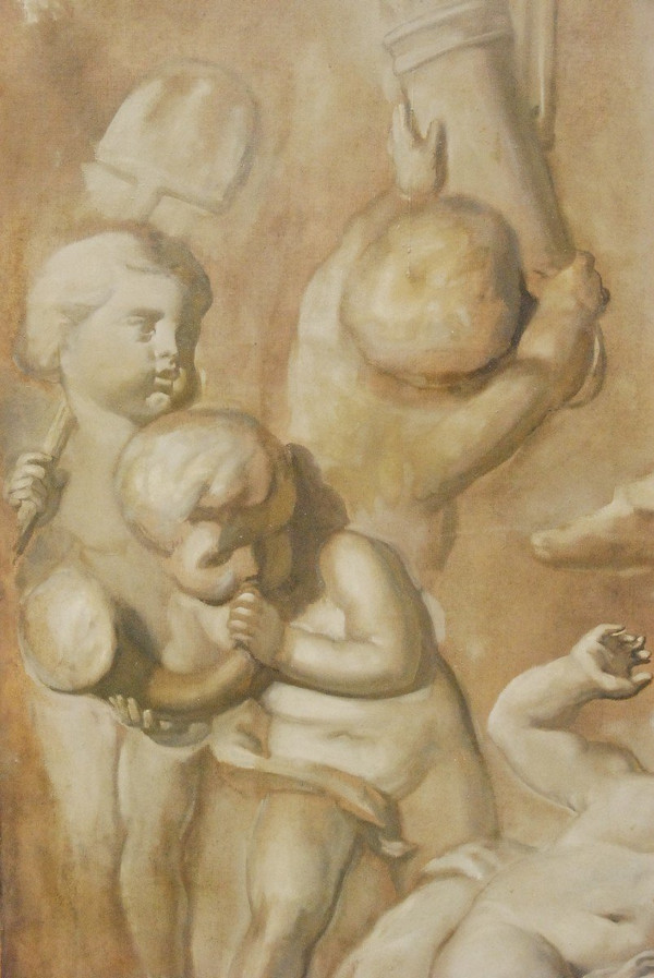 Großes Öl Auf Leinwand Putti In Grisaille
