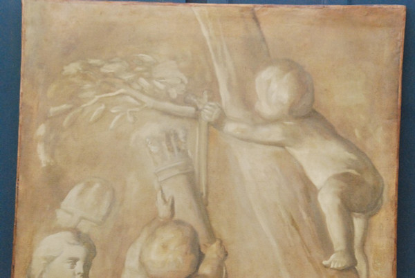 Großes Öl Auf Leinwand Putti In Grisaille