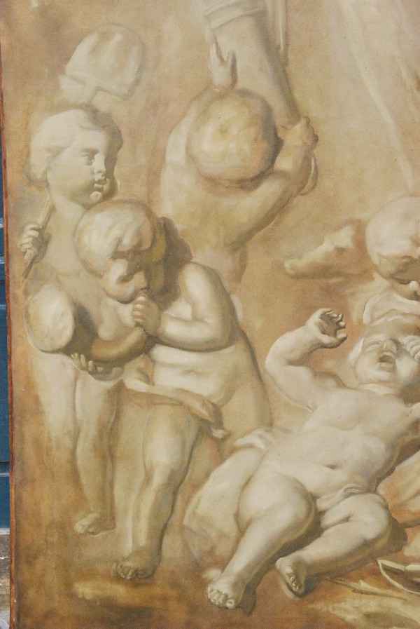 Großes Öl Auf Leinwand Putti In Grisaille