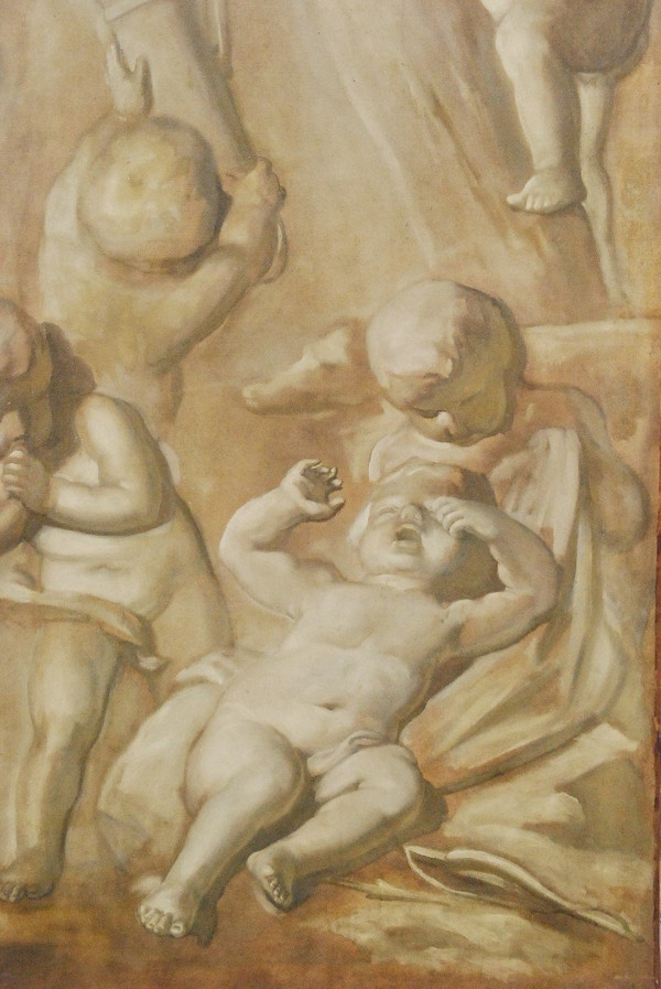Großes Öl Auf Leinwand Putti In Grisaille
