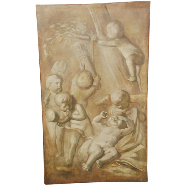 Großes Öl Auf Leinwand Putti In Grisaille