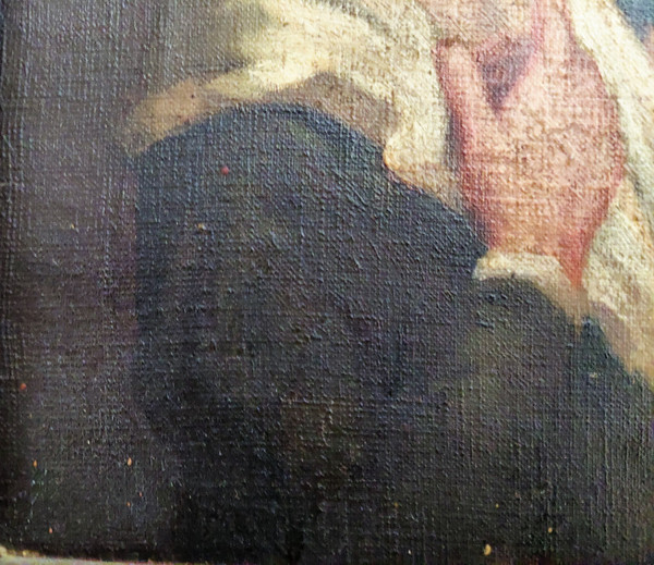 Tableau huile sur toile scène d'une religieuse donnant une leçon de catéchisme à un enfant