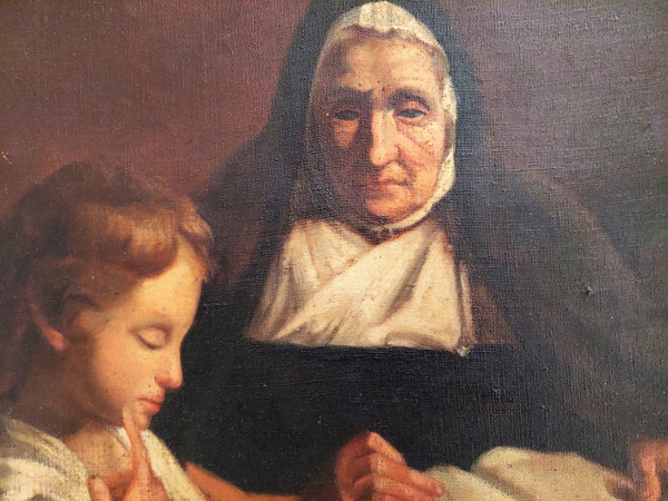 Tableau huile sur toile scène d'une religieuse donnant une leçon de catéchisme à un enfant