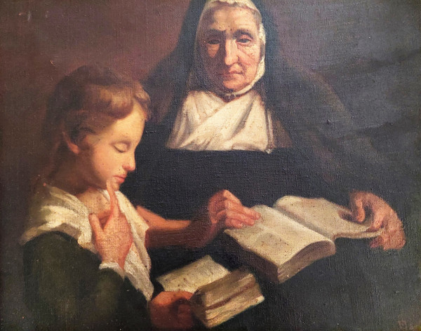 Tableau huile sur toile scène d'une religieuse donnant une leçon de catéchisme à un enfant
