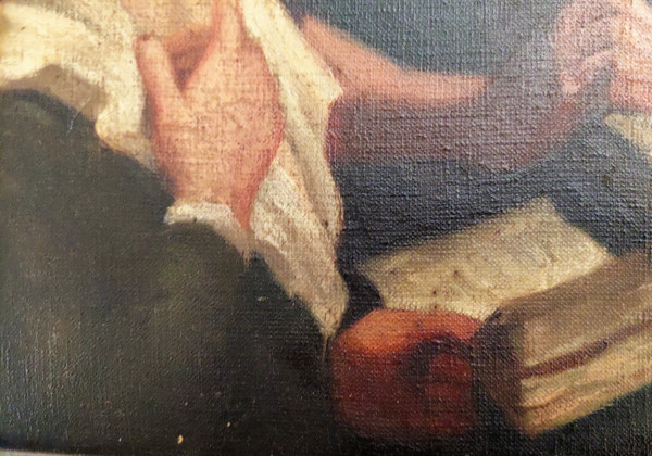 Tableau huile sur toile scène d'une religieuse donnant une leçon de catéchisme à un enfant