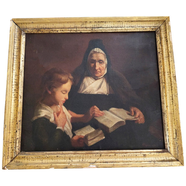 Tableau huile sur toile scène d'une religieuse donnant une leçon de catéchisme à un enfant